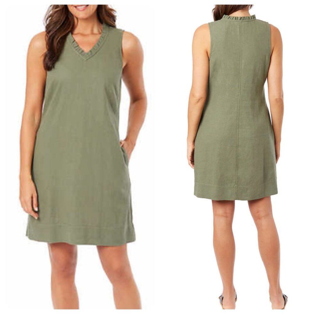 Briggs Sleeveless Linen Blend Shift Dress w/ Ruffle Trim in Green | Size Large
